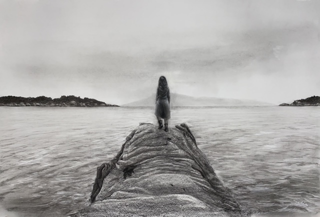 Selin Özçiftçi, "Kayalığın Üzerinde", kâğıt üzerine füzen, 70 cm x 100 cm, 2024
