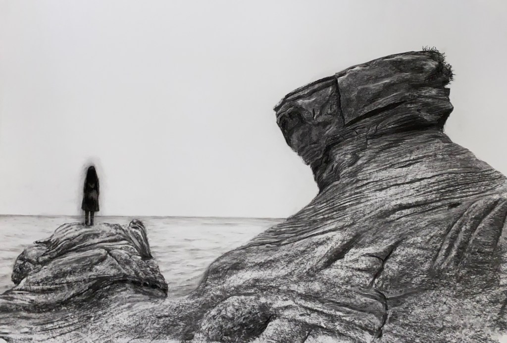 Selin Özçiftçi, "Kayalık ve Uzak", kâğıt üzerine füzen, 70 cm x 100 cm, 2024
