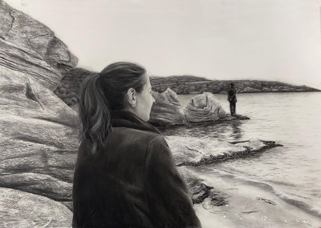 Selin Özçiftçi, "Uzağa Kalanlar", kâğıt üzerine füzen, 70 cm x 100cm, 2024